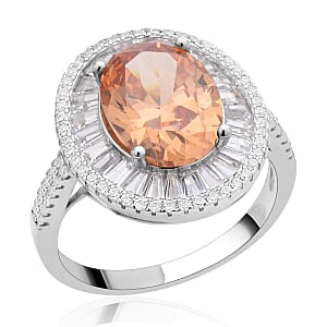 Simulated Champagne and White Diamond Double Halo Ring in Silvertone (Size 7.0)