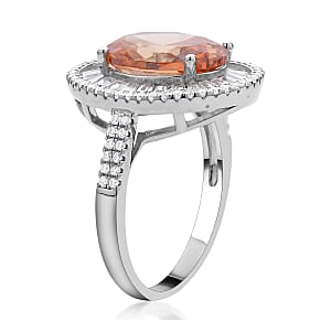 Simulated Champagne and White Diamond Double Halo Ring in Silvertone (Size 7.0)