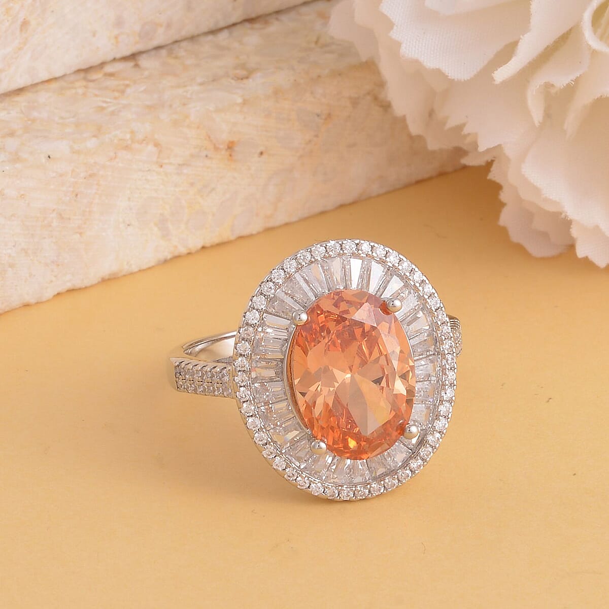 Simulated Champagne and White Diamond Double Halo Ring in Silvertone (Size 8.0) image number 1