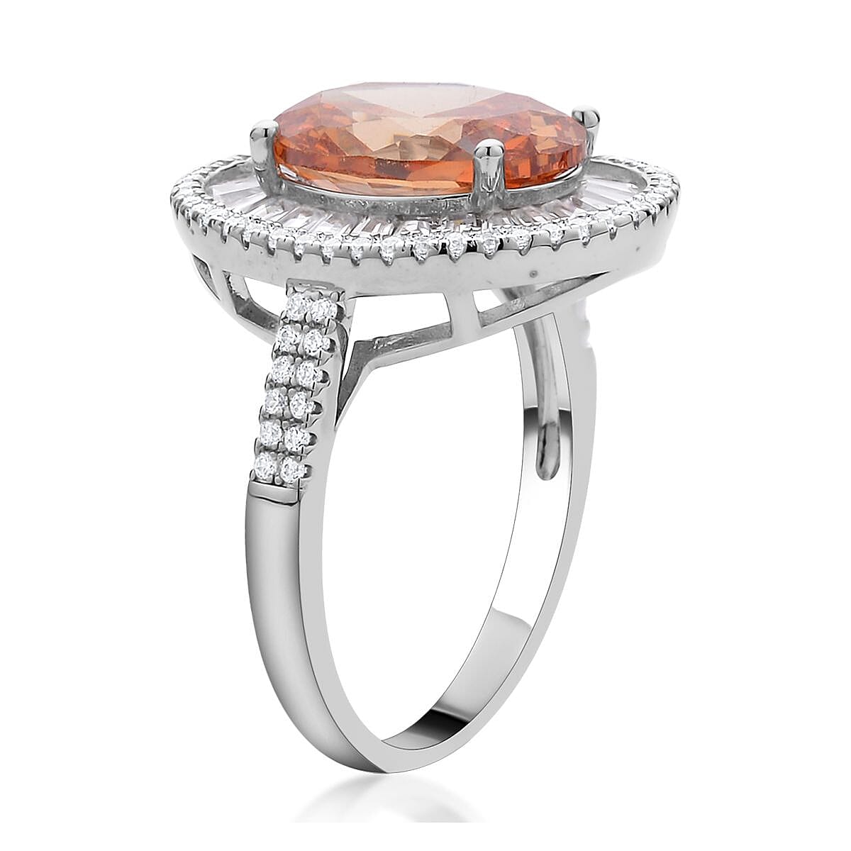 Simulated Champagne and White Diamond Double Halo Ring in Silvertone (Size 8.0) image number 3