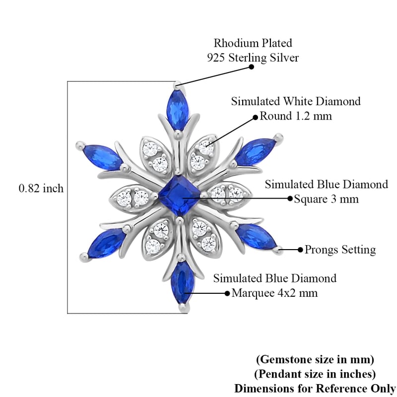 Simulated Blue and White Diamond Snowflake Pendant in Rhodium Over Sterling Silver 1.00 ctw