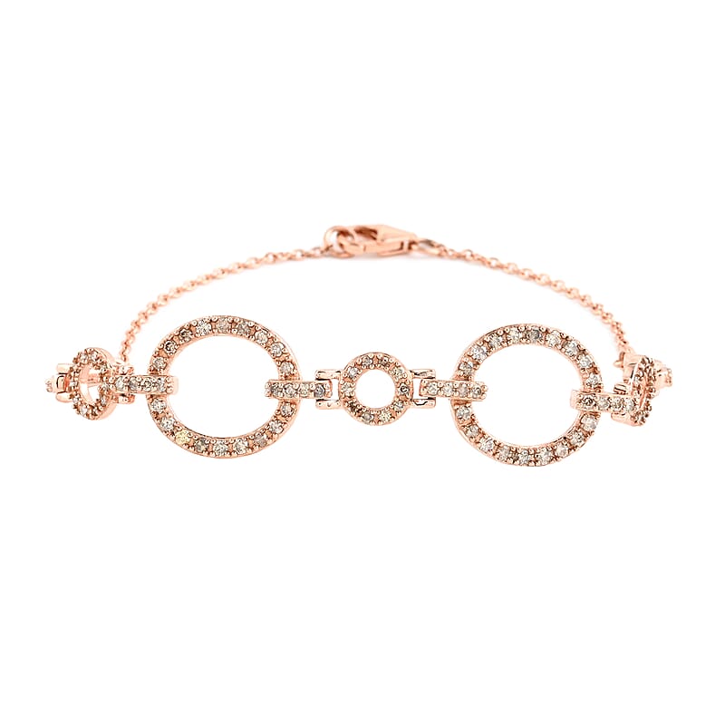 NY Closeout Natural Champagne Diamond Open Circle Bracelet in Vermeil Rose Gold Over Sterling Silver (7.50 In) 7.20 Grams 1.50 ctw