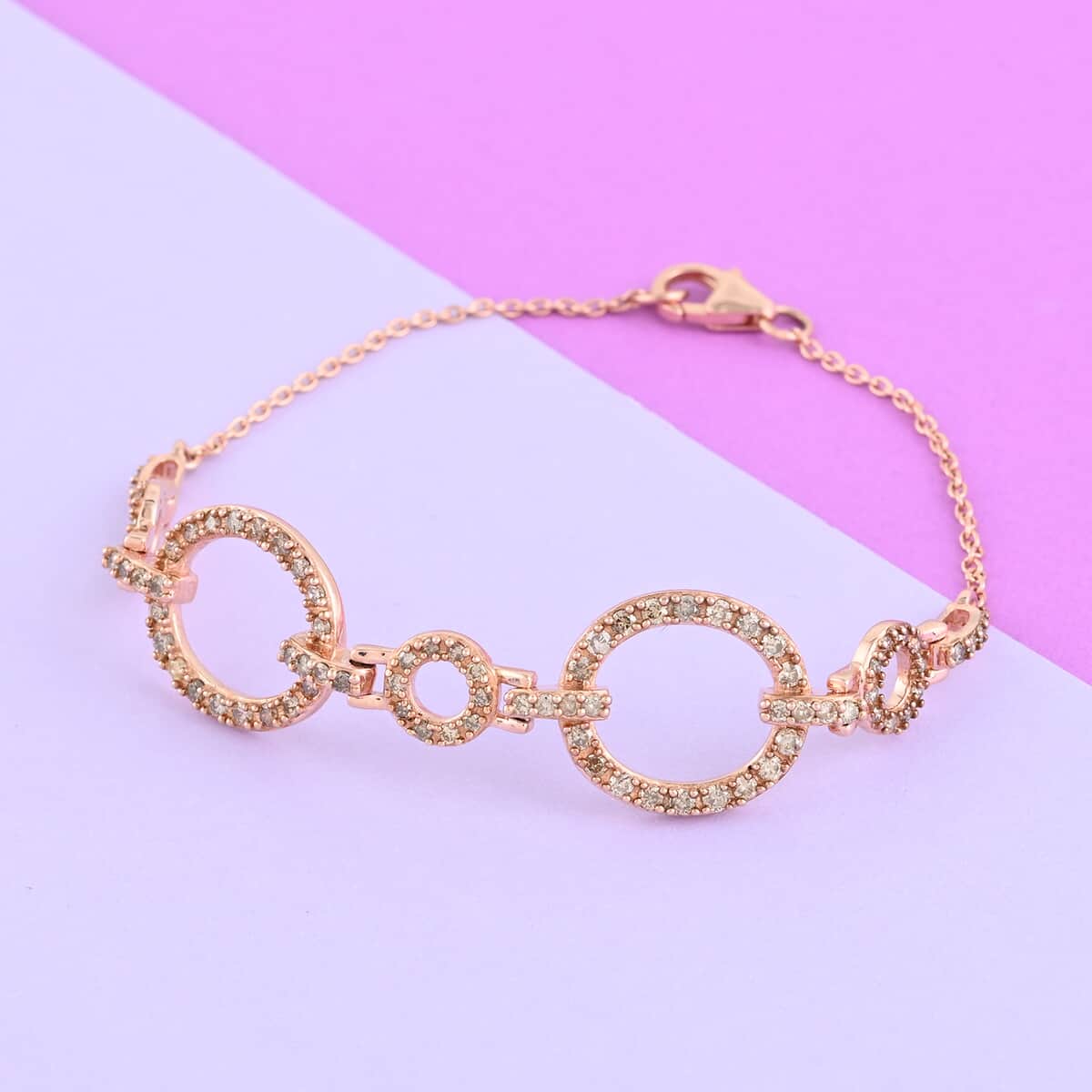 NY Closeout Natural Champagne Diamond Open Circle Bracelet in Vermeil Rose Gold Over Sterling Silver (7.50 In) 7.20 Grams 1.50 ctw image number 1