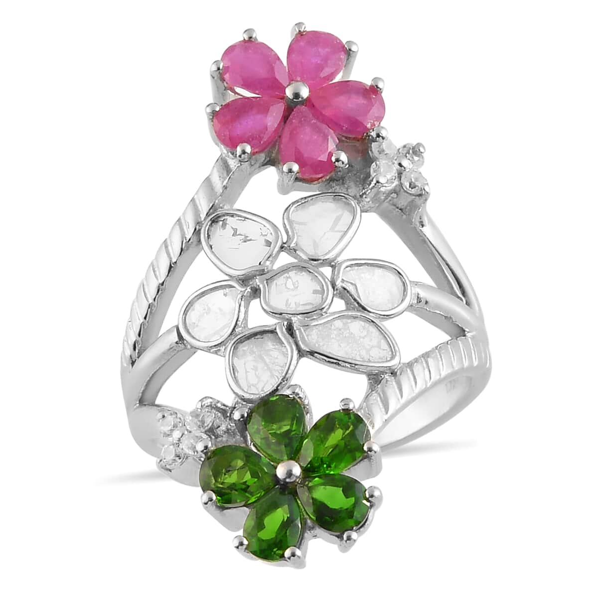 Polki Diamond and Multi Gemstone Floral Ring in Platinum Over Sterling Silver (Size 10.0) 2.50 ctw image number 0