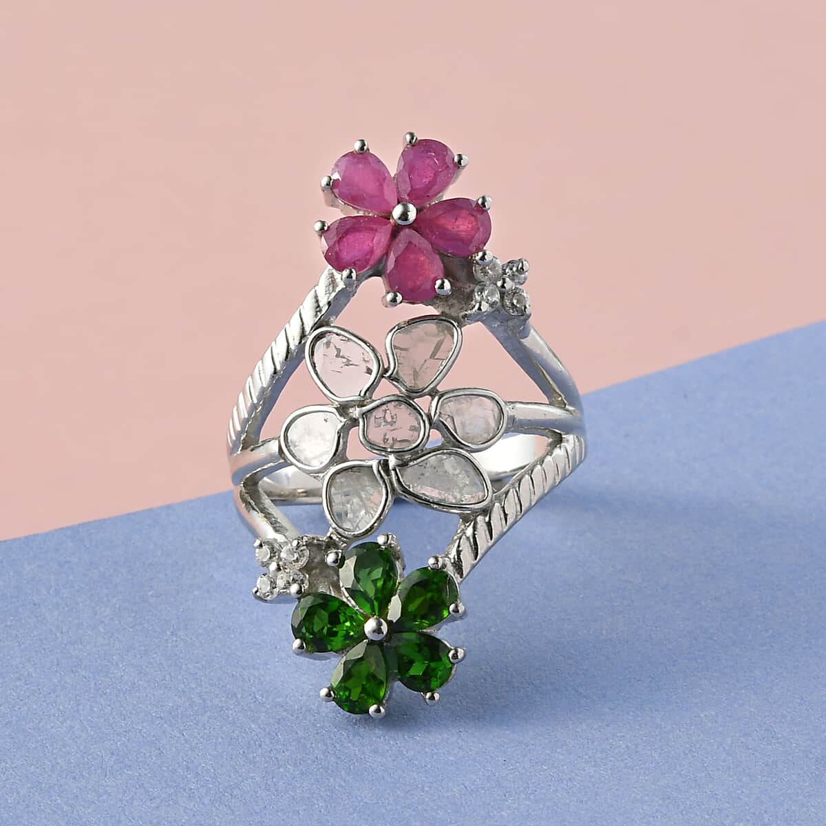 Polki Diamond and Multi Gemstone Floral Ring in Platinum Over Sterling Silver (Size 10.0) 2.50 ctw image number 1