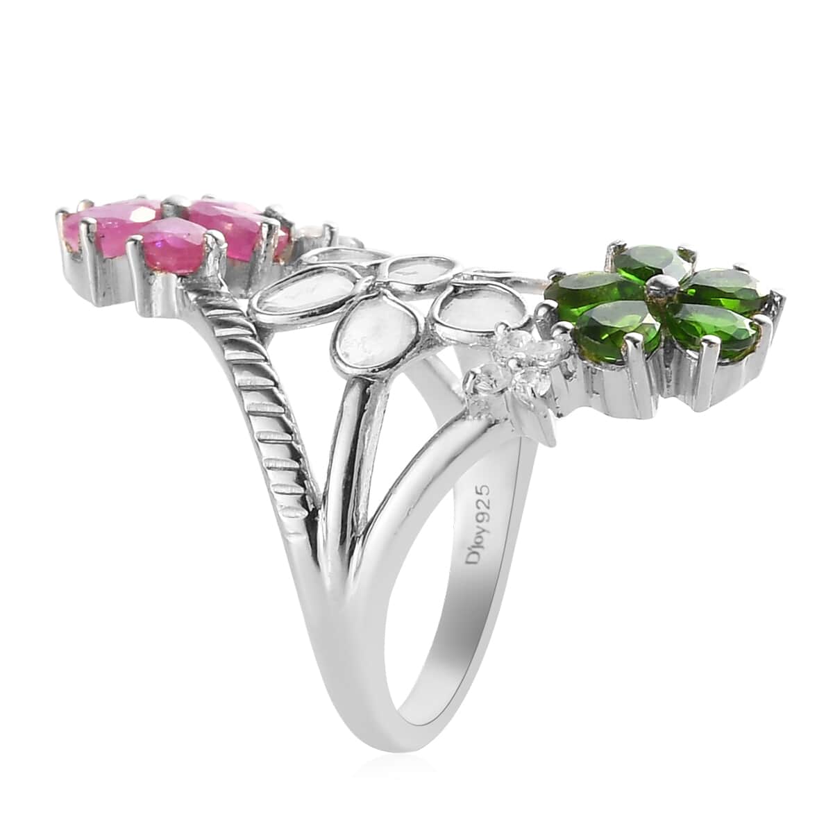 Polki Diamond and Multi Gemstone Floral Ring in Platinum Over Sterling Silver (Size 10.0) 2.50 ctw image number 2