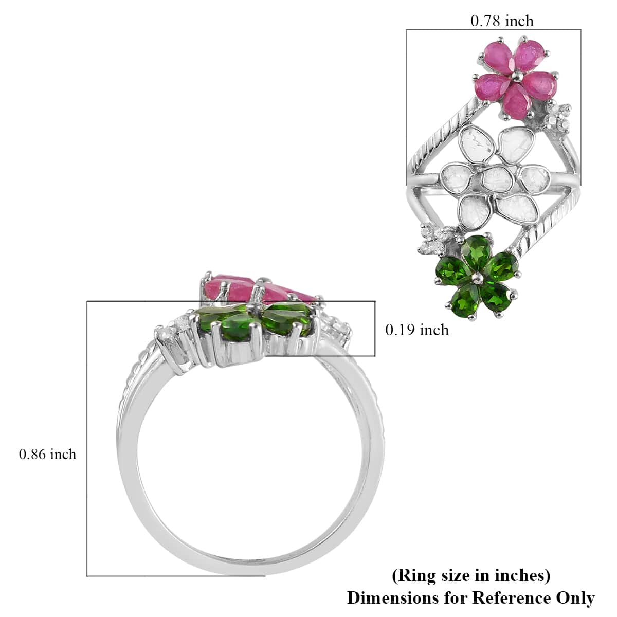 Polki Diamond, Multi Gemstone Floral Ring in Platinum Over Sterling Silver (Size 8.0) 2.50 ctw image number 4