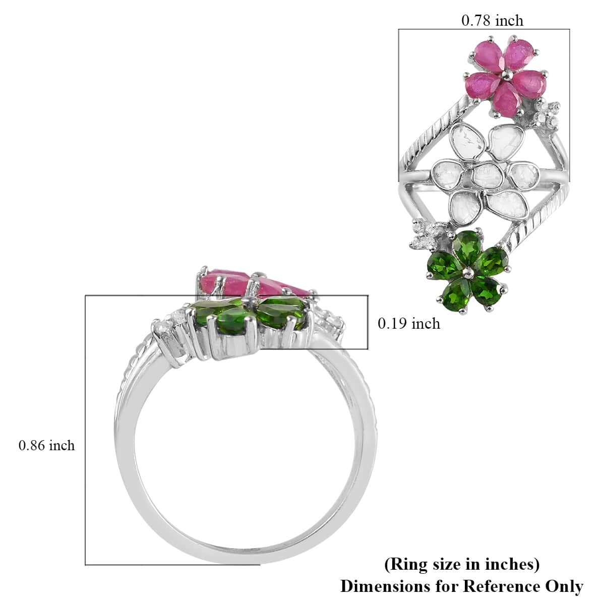 Polki Diamond and Multi Gemstone Floral Ring in Platinum Over Sterling Silver (Size 6.0) 2.50 ctw image number 5