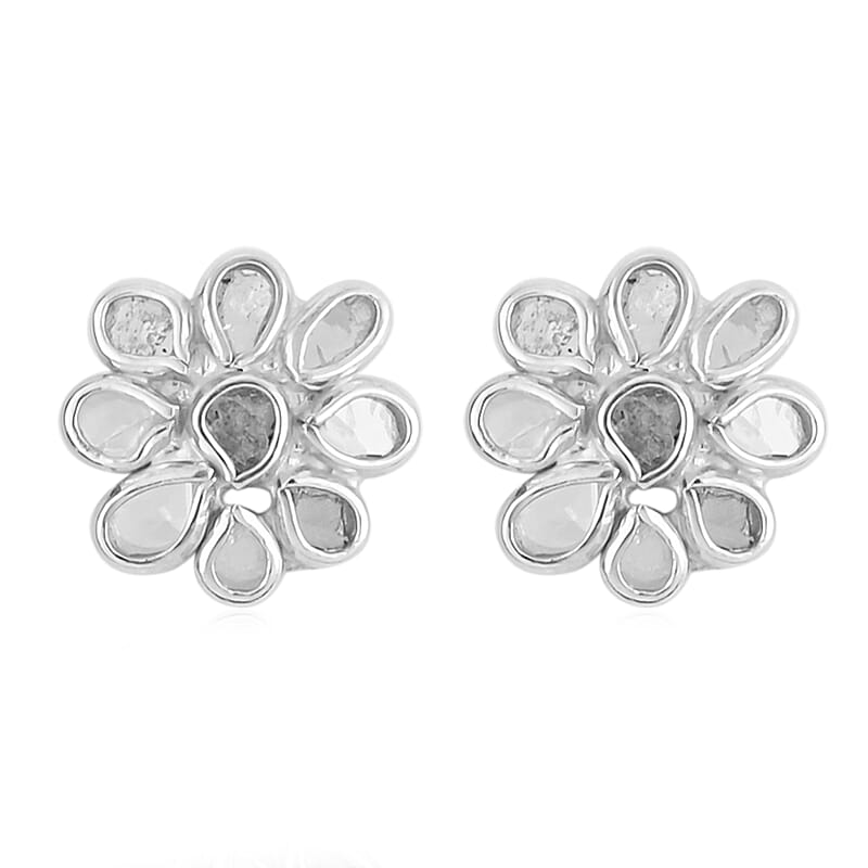 Polki Diamond Flower Stud Earrings in Platinum Over Sterling Silver 0.40 ctw