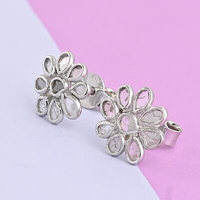 Polki Diamond Flower Stud Earrings in Platinum Over Sterling Silver 0.40 ctw