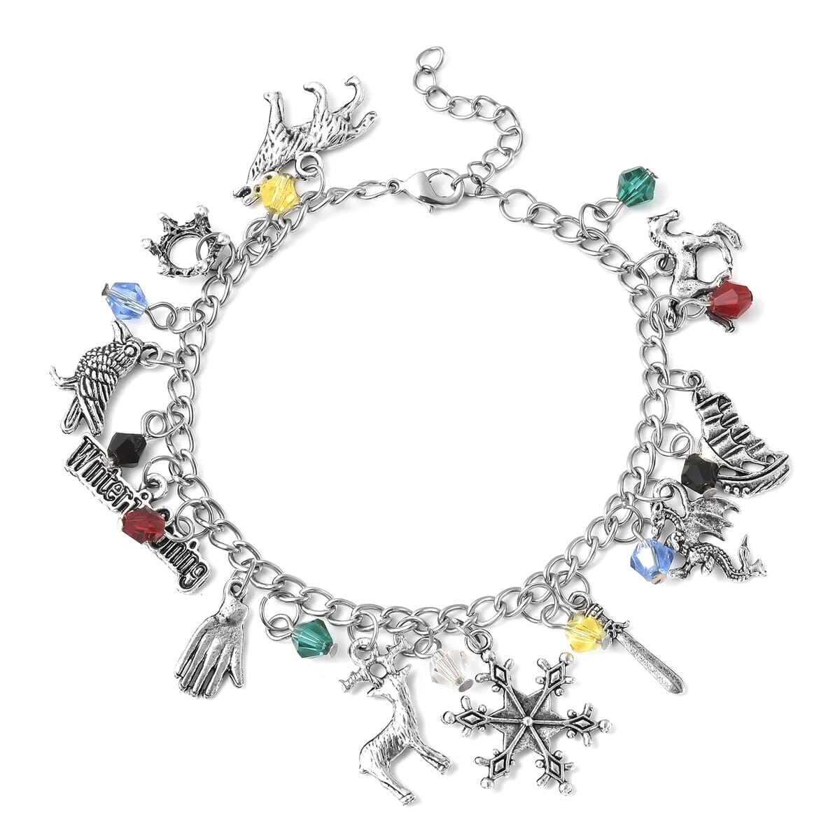 Simulated Multi Gemstone Multi Charm Bracelet in Silvertone (8.00 In) image number 0