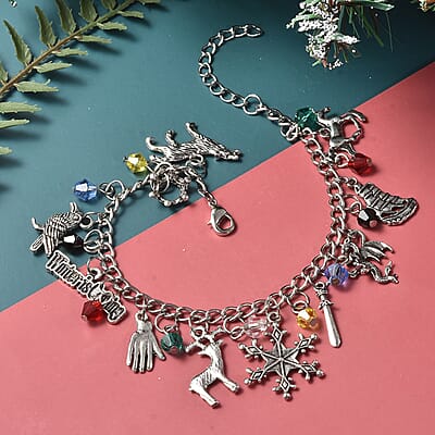 Simulated Multi Gemstone Multi Charm Bracelet in Silvertone (8.00 In)