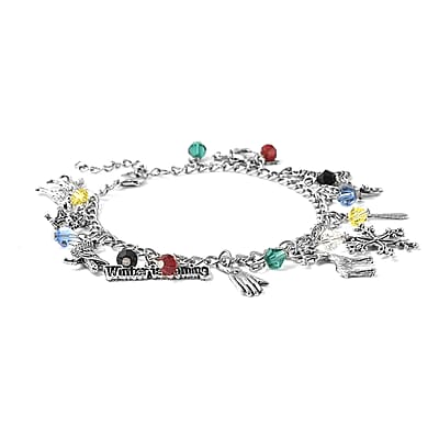 Simulated Multi Gemstone Multi Charm Bracelet in Silvertone (8.00 In)