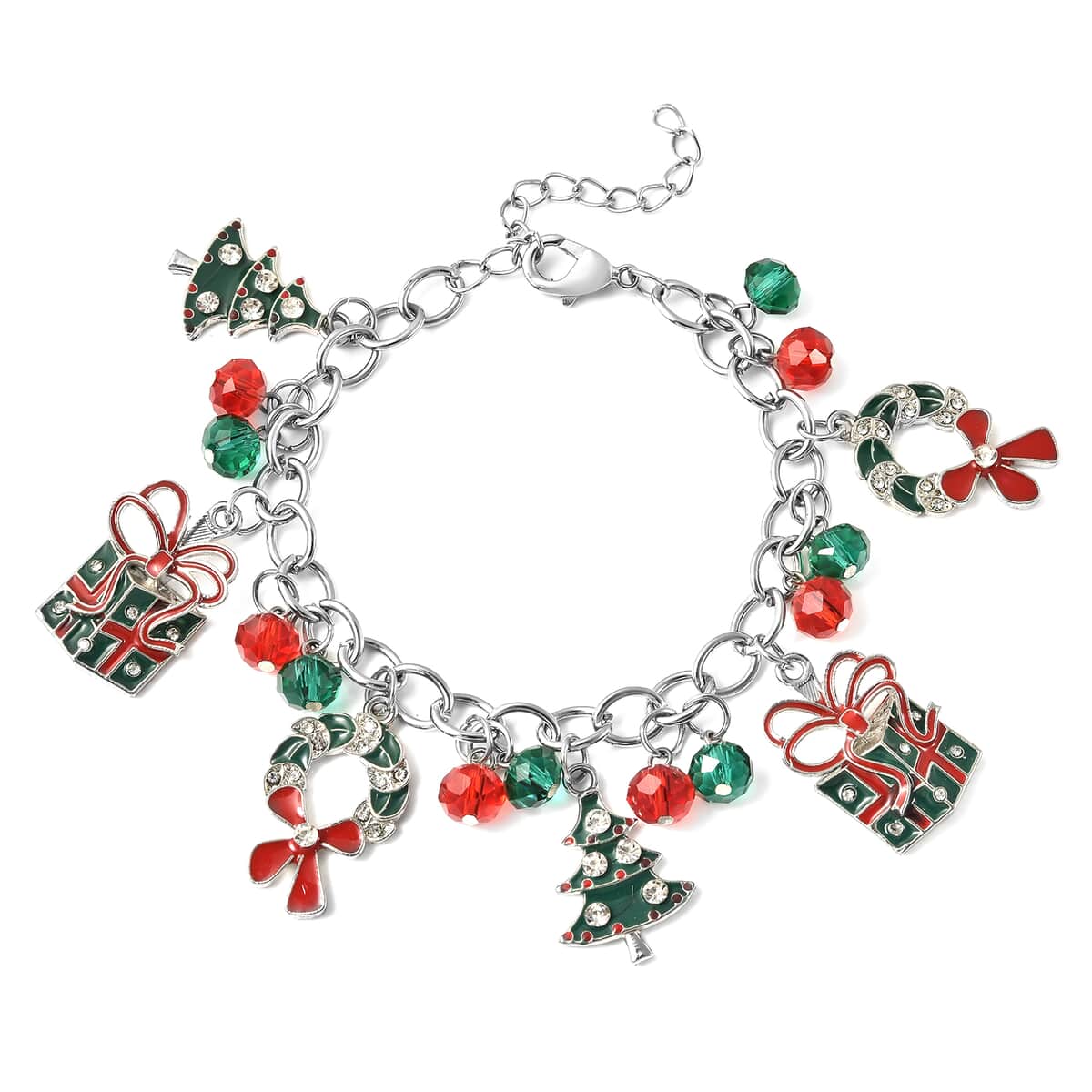 Austrian Crystal, Simulated Ruby and Simulated Emerald Multi Charm Bracelet in Silvertone (7.50 In) image number 0