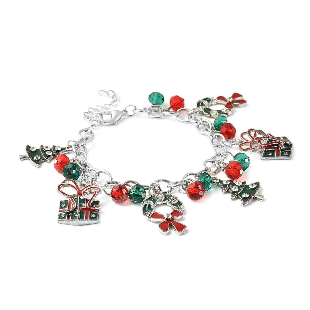 Austrian Crystal, Simulated Ruby and Simulated Emerald Multi Charm Bracelet in Silvertone (7.50 In) image number 2