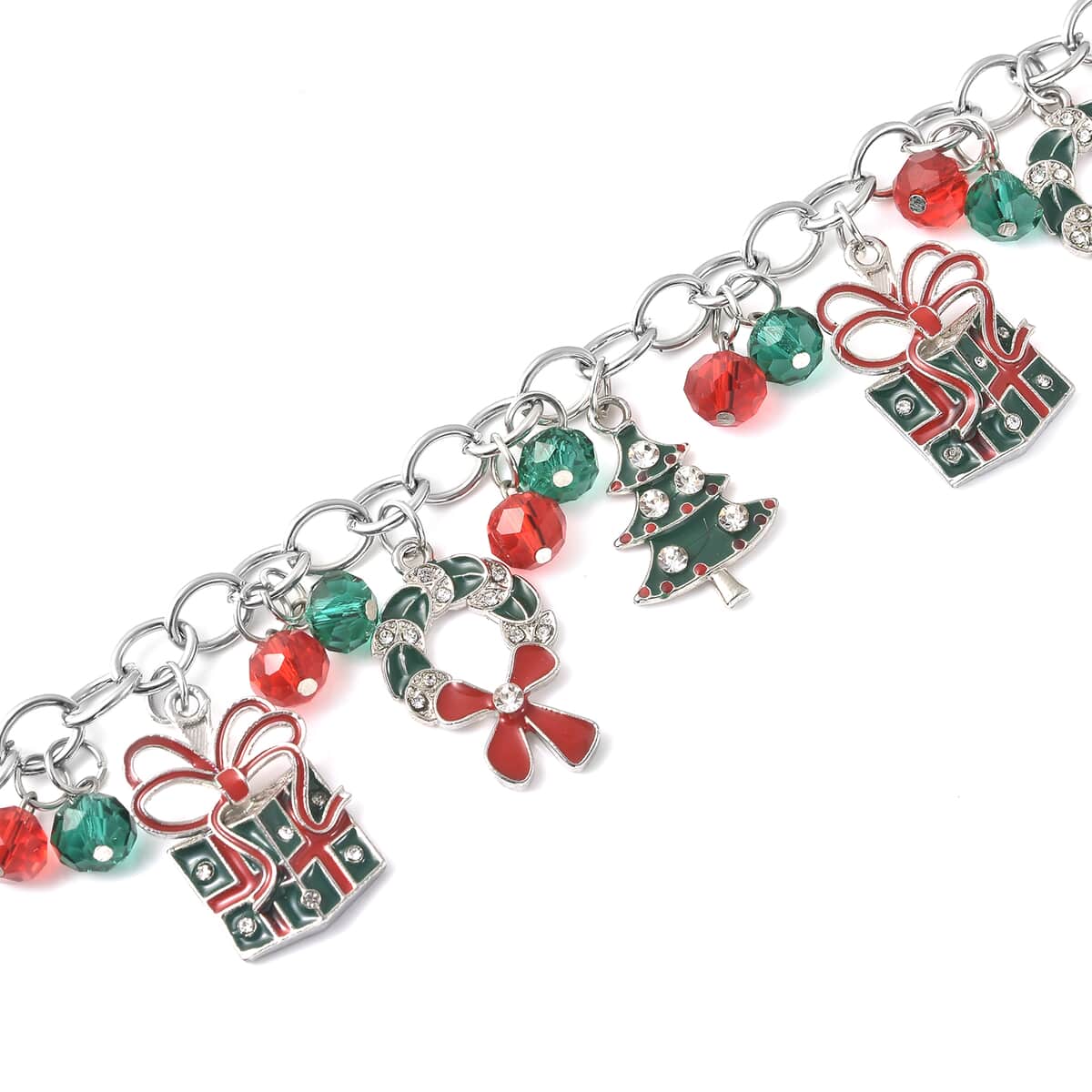 Austrian Crystal, Simulated Ruby and Simulated Emerald Multi Charm Bracelet in Silvertone (7.50 In) image number 3