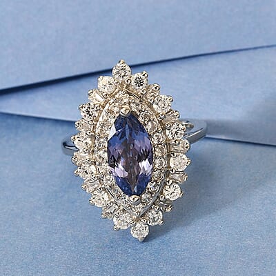 Tanzanite and Natural White Zircon 3.10 ctw Double Halo Ring in Platinum Over Sterling Silver (Size 10.0) 