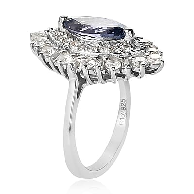 Tanzanite and Natural White Zircon 3.10 ctw Double Halo Ring in Platinum Over Sterling Silver (Size 10.0) 