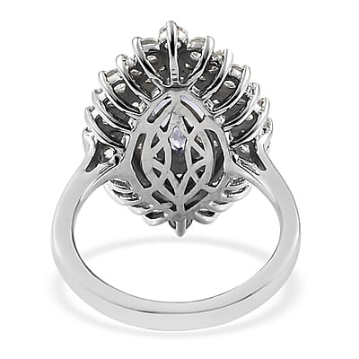 Tanzanite and Natural White Zircon 3.10 ctw Double Halo Ring in Platinum Over Sterling Silver (Size 10.0) 