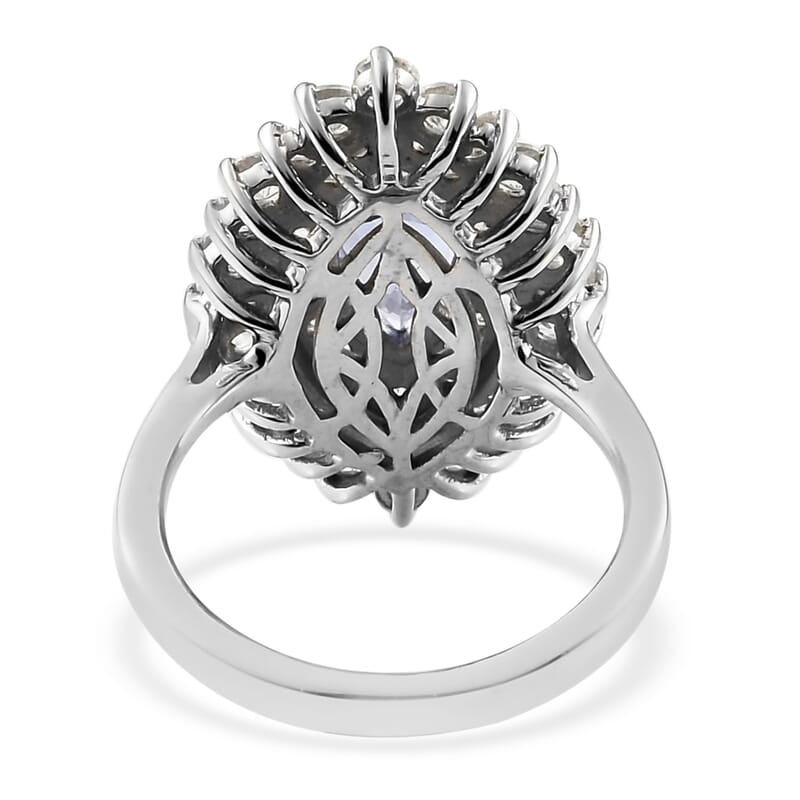 Tanzanite and Natural White Zircon 3.10 ctw Double Halo Ring in Platinum Over Sterling Silver (Size 10.0) 