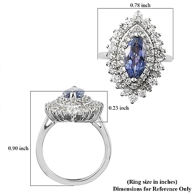 Tanzanite and Natural White Zircon 3.10 ctw Double Halo Ring in Platinum Over Sterling Silver (Size 10.0) 