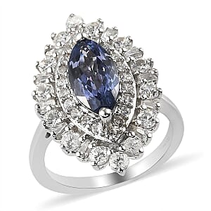 Tanzanite and Natural White Zircon 3.10 ctw Double Halo Ring in Platinum Over Sterling Silver (Size 5.0) 