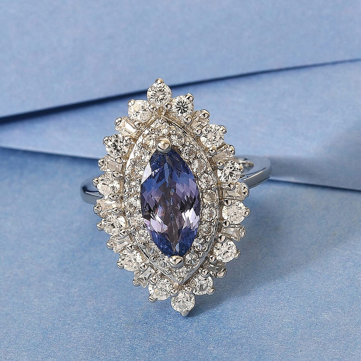 Tanzanite and Natural White Zircon 3.10 ctw Double Halo Ring in Platinum Over Sterling Silver (Size 5.0)  image number 1