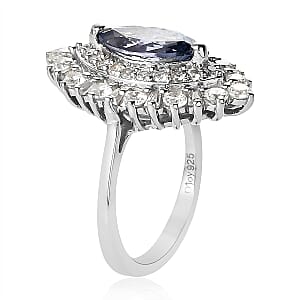 Tanzanite and Natural White Zircon 3.10 ctw Double Halo Ring in Platinum Over Sterling Silver (Size 5.0) 