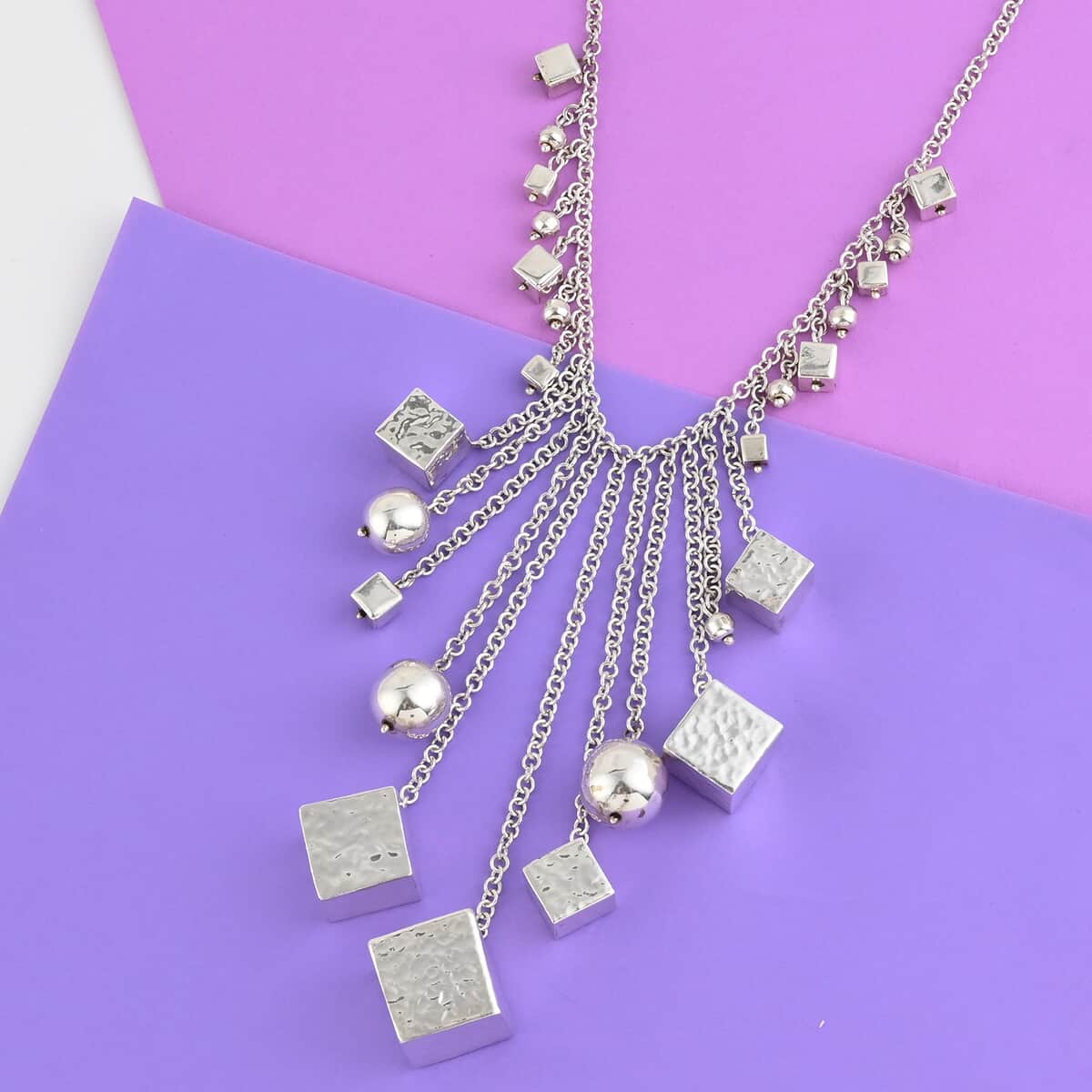 Cheryl's Exclusive Pick Majul & Co. ONE OF A KIND Rhodium Over Sterling Silver Cubes & Beads Bell Fringe Necklace 18 Inches Hand-Made in Mexico 105 Grams image number 1