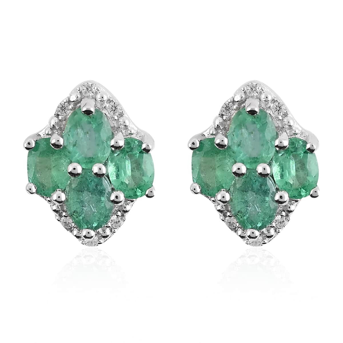 AAA Kagem Emerald and White Zircon Flower Stud Earrings in Sterling Silver 1.25 ctw image number 0
