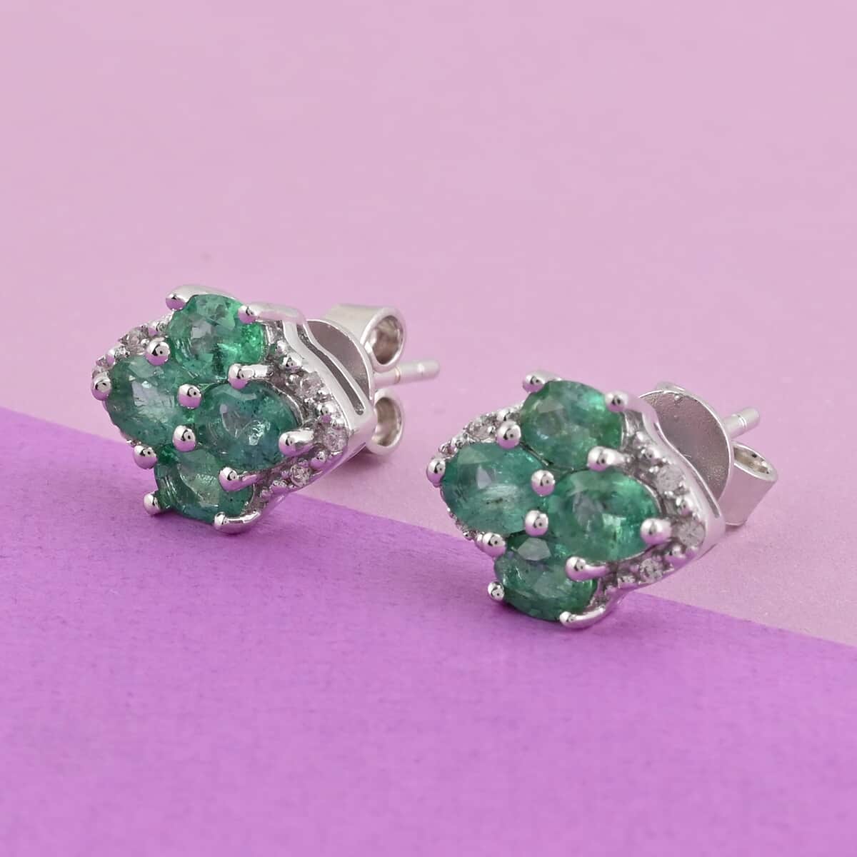 AAA Kagem Emerald and White Zircon Flower Stud Earrings in Sterling Silver 1.25 ctw image number 1