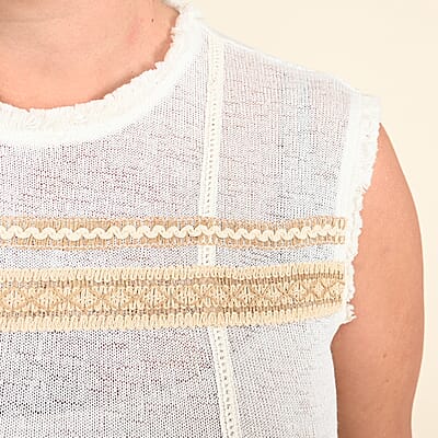 Tamsy White and Gold Cropped Tank with Tassel Trim - L