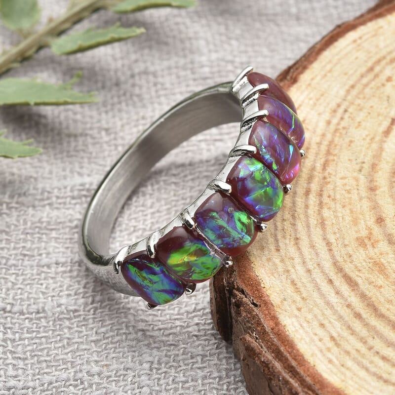 Lab Created Multi Grape Opal 7 Stone Ring in Stainless Steel (Size 10.0) 1.00 ctw
