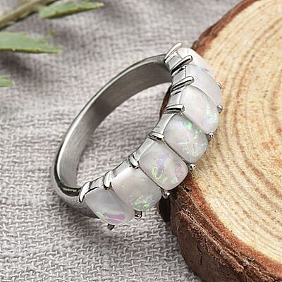 Lab Created Fire and Snow Opal 7 Stone Ring in Stainless Steel (Size 6.0) 1.00 ctw