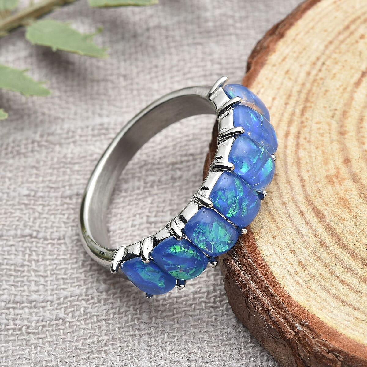 Lab Created Blue Opal 7 Stone Ring in Stainless Steel (Size 6.0) 1.00 ctw image number 1