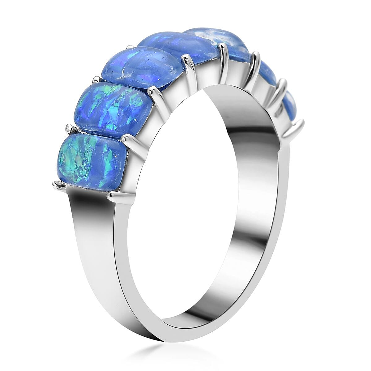 Lab Created Blue Opal 7 Stone Ring in Stainless Steel (Size 6.0) 1.00 ctw image number 3