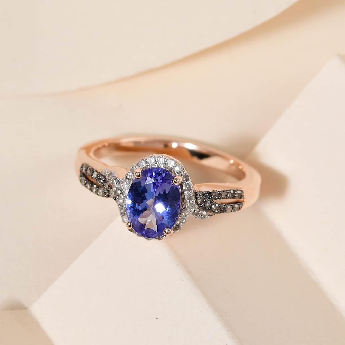 Tanzanite, Natural Champagne and White Diamond Ring in Vermeil Rose Gold Over Sterling Silver 1.40 ctw image number 1