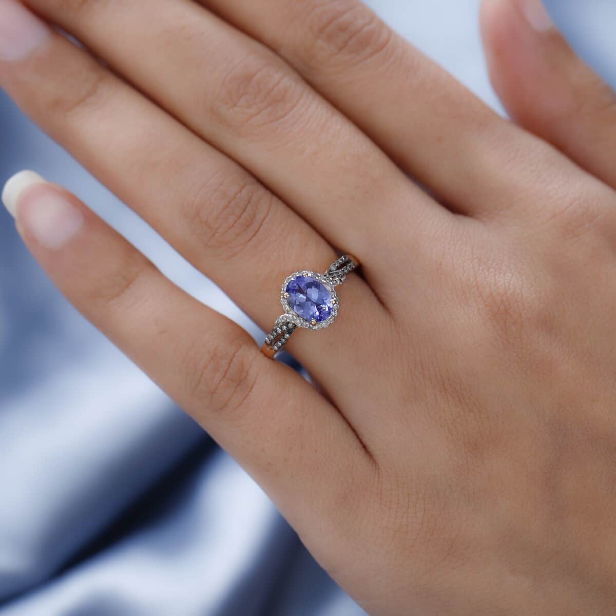 Tanzanite, Natural Champagne and White Diamond Ring in Vermeil Rose Gold Over Sterling Silver 1.40 ctw image number 2