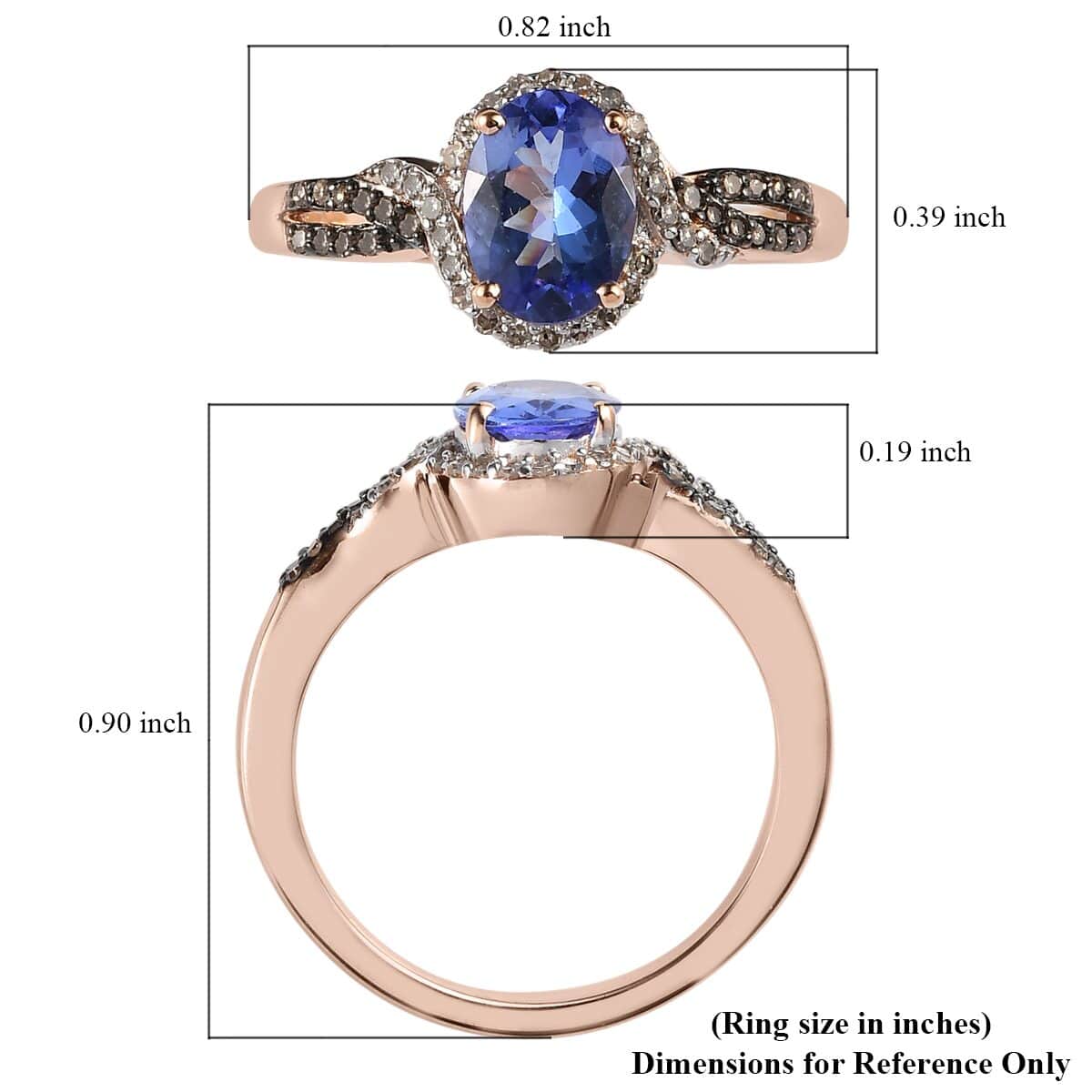 Tanzanite, Natural Champagne and White Diamond Ring in Vermeil Rose Gold Over Sterling Silver 1.40 ctw image number 5