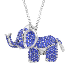 Blue and Black Austrian Crystal Elephant Pendant Necklace 24 Inches in Silvertone