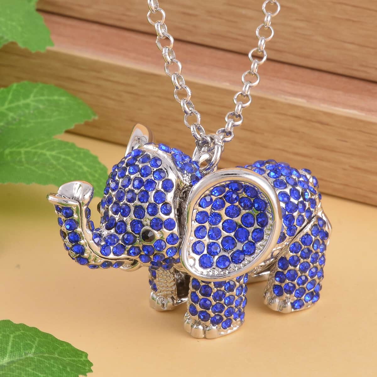 Blue and Black Austrian Crystal Elephant Pendant Necklace 24 Inches in Silvertone image number 1