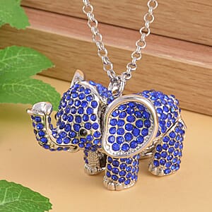 Blue and Black Austrian Crystal Elephant Pendant Necklace 24 Inches in Silvertone