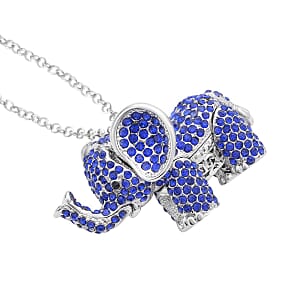 Blue and Black Austrian Crystal Elephant Pendant Necklace 24 Inches in Silvertone