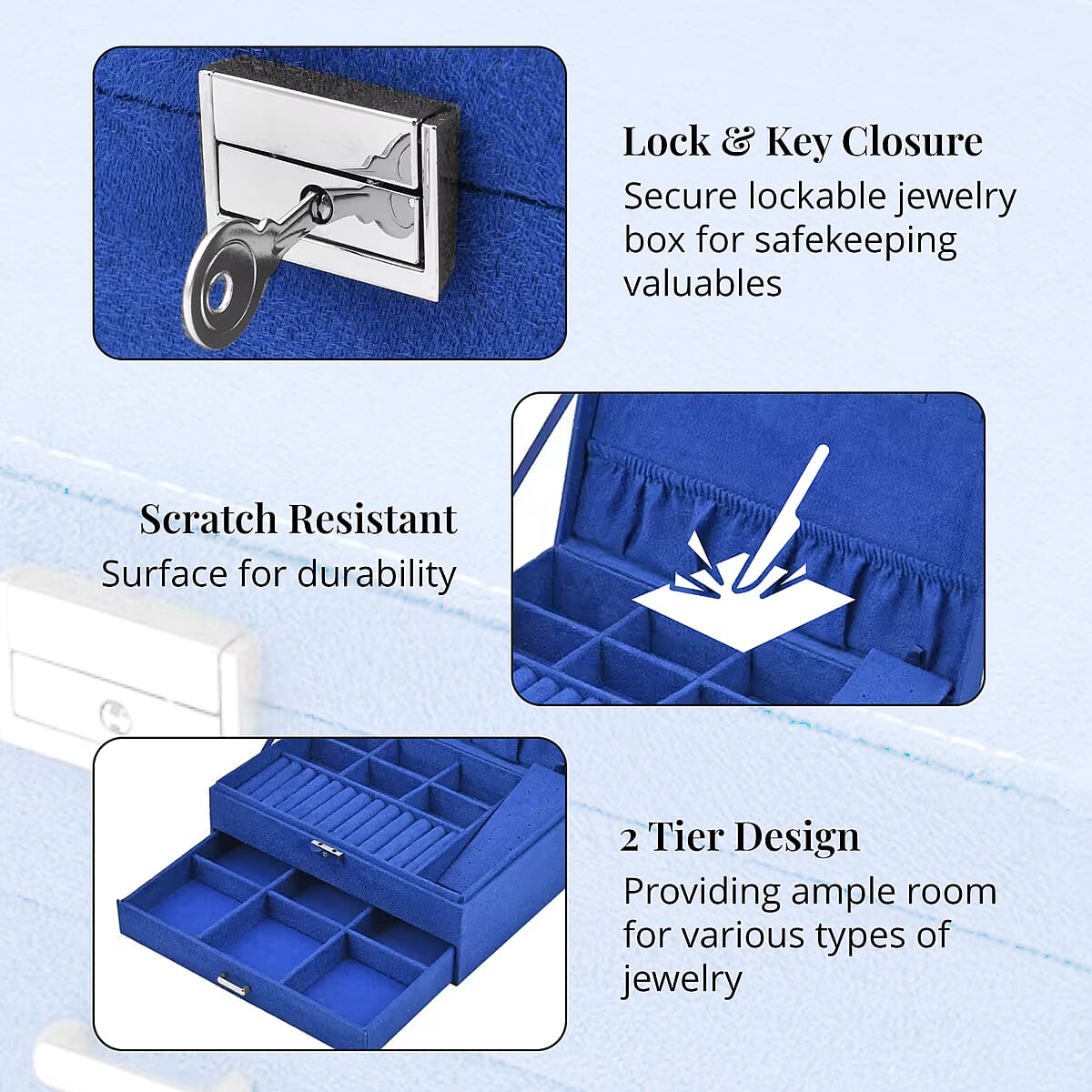 Blue Velvet 2 Tier Jewelry Box with Lock and Key image number 3