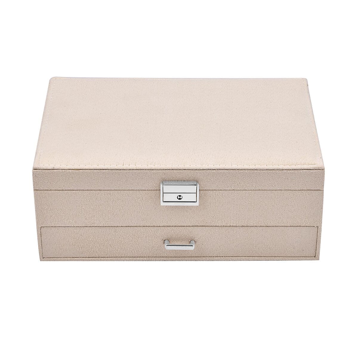 Cream Velvet 2 Tier Jewelry Box with Lock and Key image number 0