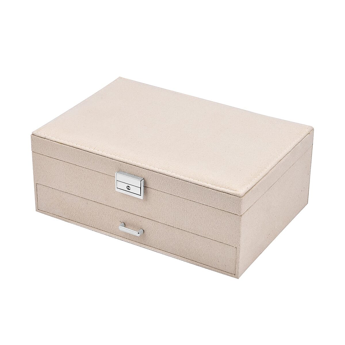 Cream Velvet 2 Tier Jewelry Box with Lock and Key image number 1