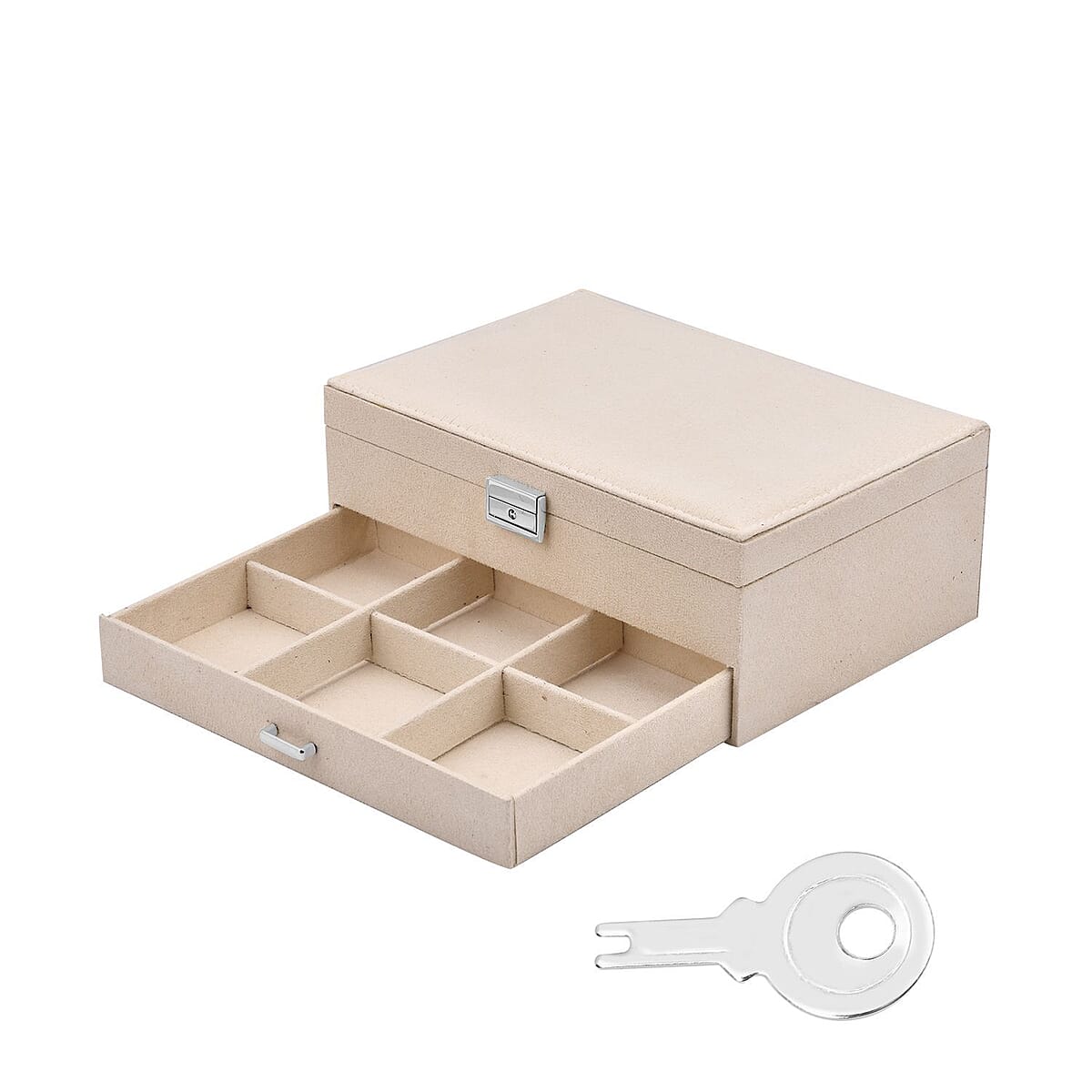 Cream Velvet 2 Tier Jewelry Box with Lock and Key image number 3