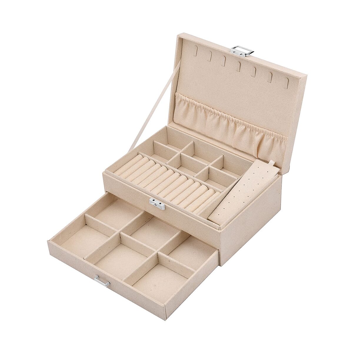 Cream Velvet 2 Tier Jewelry Box with Lock and Key image number 4