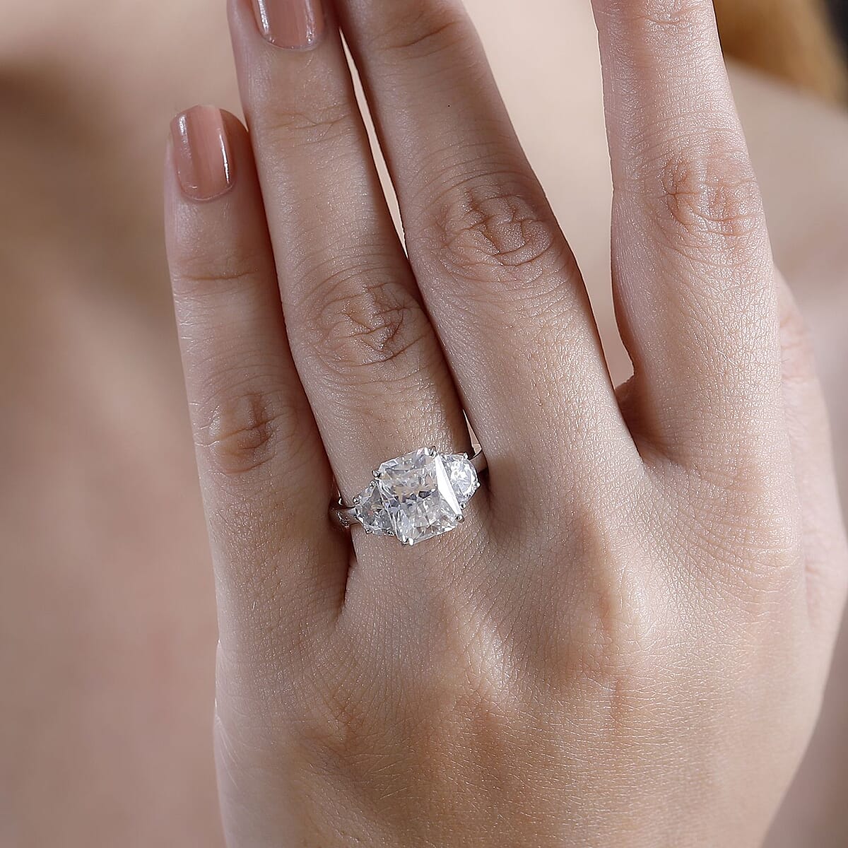 Radiant Cut Moissanite 4.35 ctw Trilogy Ring in 10K White Gold (Size 8.0) image number 3