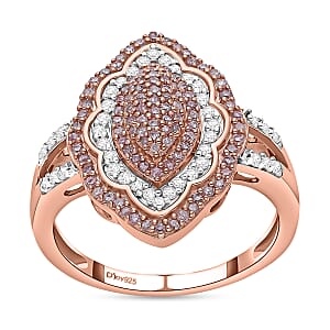 Natural Pink and White Diamond Elongated Ring in Vermeil Rose Gold Over Sterling Silver, Promise Rings (Size 7.0) 0.50 ctw